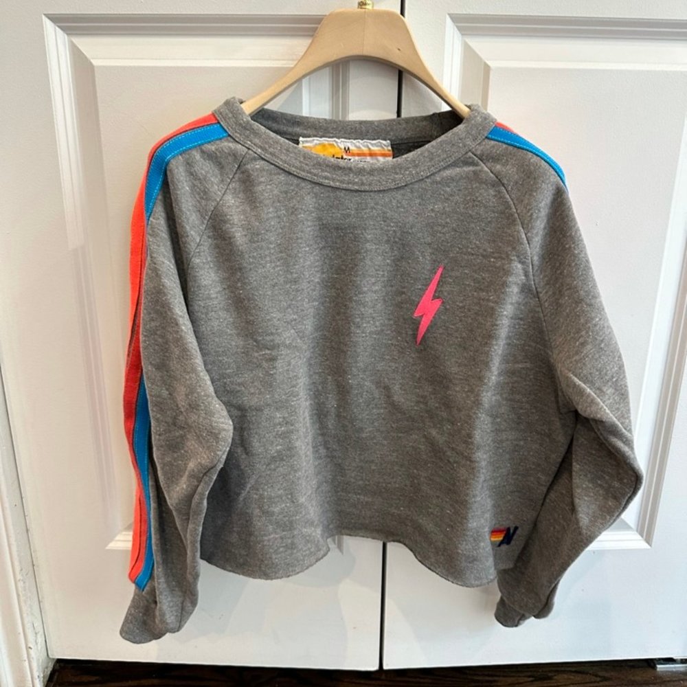 Aviator Nation Cropped Crew in Grey with Stripes